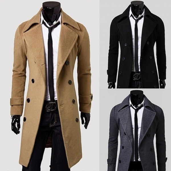 Men's Double Breasted Long Trench Coat Men's Winter Simple Fashion Solid Color Wool Coat Asian Size M-3XL