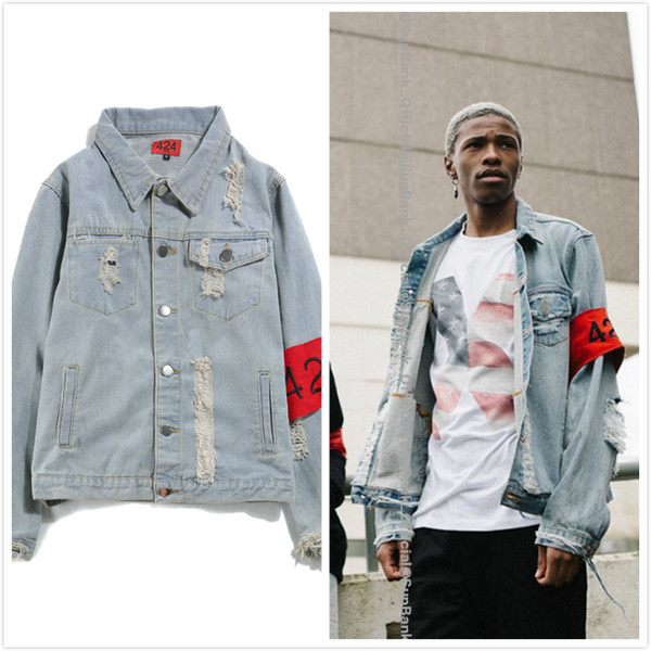 424 Men's Fashion Hole Pure Blue Denim Jacket FourTwoFour Teen Loose Hip-hop Style Jacket Asian Size M-2XL