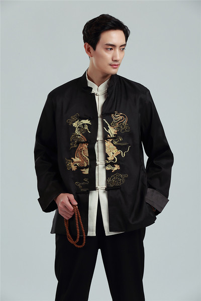 Shanghai Story Men's Chinese Traditional Clothing Dragon Embroidery Long Sleeve Tang Suit Kung Fu Jacket For Spring