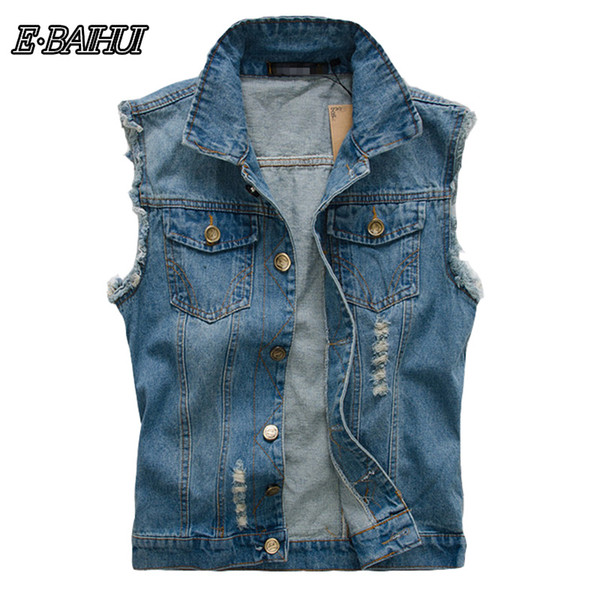 E-BAIHUI 6XL Fashion Men Denim Vest Casual Slim Single-breasted Vest England Style Plus Size Ripped Male Vest 2207