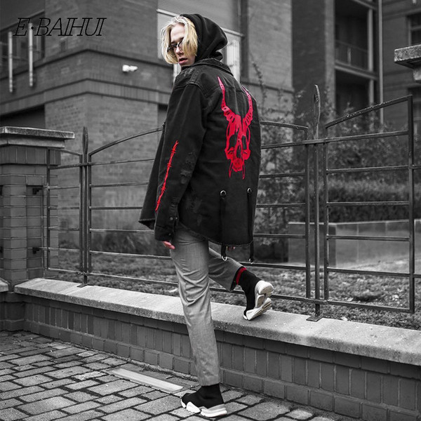 E-BAIHUI 2019 Mens Hip Pop Jacket Streetwear Jeans Embroidery Denim Jacket Cross Gat Kleding Katoen Jeans Printed Jacket G-2