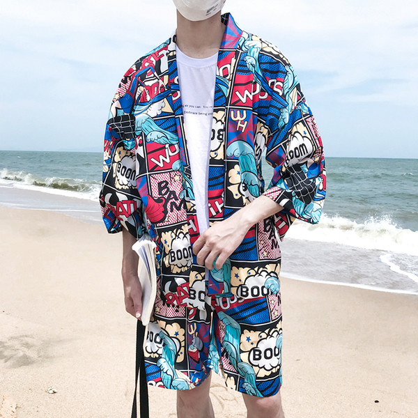 Japanese Manga Full Printed Open Stitch Kimono Jacket Men 2018 Summer Thin Loose Style Sun Proof Men's Jacket