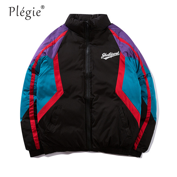 Plegie Mens Winter Parkas 2018 Mens Side Striped Color Patchwork Jackets Men Stand Collar Windproof Coat Male Thick Streetwear