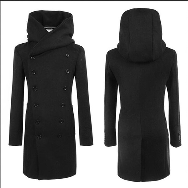 Fall-2015 Fashion Cheap Mens Pea Coat With Hood Double Breasted Long Wool Trench Coat Men Overcoat,Grey Black Navy Blue,Plus Size 3XL