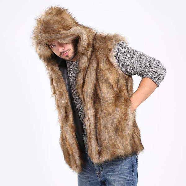 Winter Thicken Warm Men Hairy Faux Fur Vest Hoodie Hooded Waistcoats Sleeveless Pockets Coat Outerwear Jackets Plus 3X 6Q2041