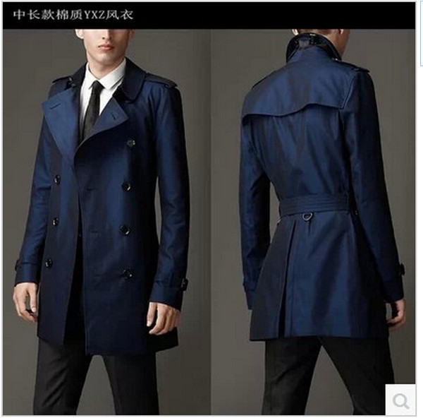 Fall-Blue khaki double breasted long black trench coat men british style trench coat pea coat men cheap mens winter coats belt 2xl