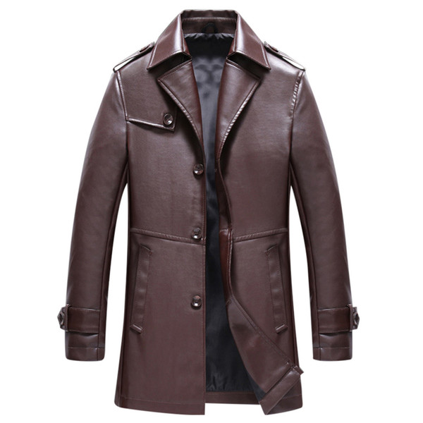 YOUYEDIAN 2019 Men's Autumn Winter Fashion Middle Length Pure Color Imitation Leather Coat New arrival