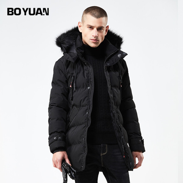 BOYUAN Winter Jacket Parka Men Winter Coat Long Jacket With a Hood Solid Casual Fashion Thick Parka Hat Detachable with Fur 8823