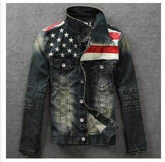 Wholesale-2015 men's denim jackets Outerwear American flag male do old blue motorcycle jeans jacket coat man fashion slim jeans denim