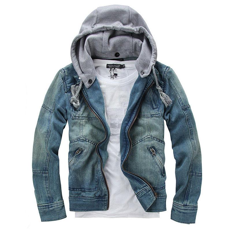 Wholesale-New Spring Men Brand Removable Hat Jeans Jacket 2015 Casual Mens Designer Jackets Hoodie Plus Size Clothing Coat Outerwear M-5XL