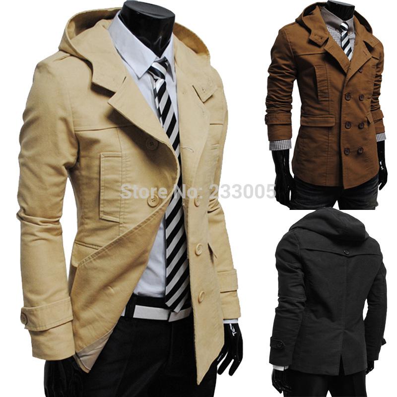 Wholesale-New Casaco Masculino 2015 Winter Mens Double Breasted Hoodie Slim Fit Casual Motorcycle Peacoat Trench Coat Men Jacket Overcoat