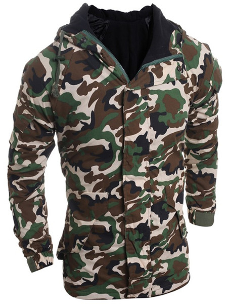 Modish Loose Fit Hooded Multi-Pocket Camo Pattern Long Sleeve Thicken Cotton Blend Coat For Men