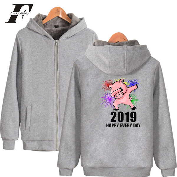 2019 NEW Year Of The Pig Team Thicken cotton Zipper Parkas Oversize Hoodies Winter Men Kpop Warm Warm Parka