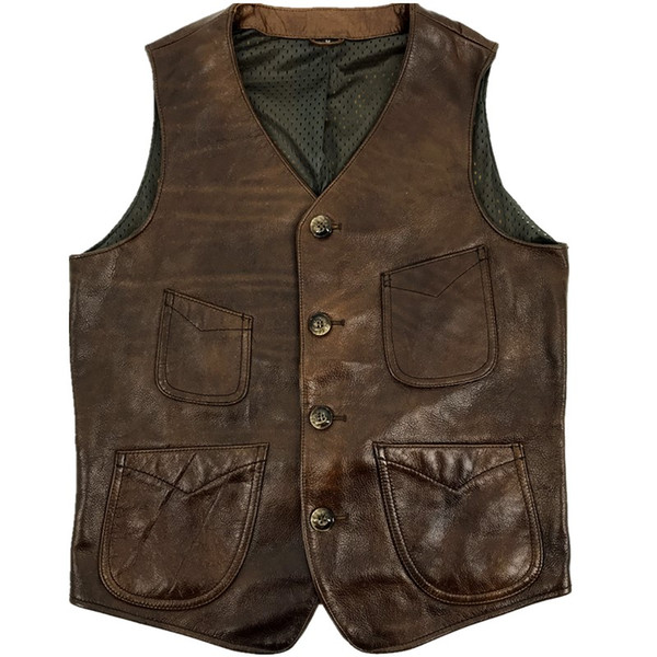 HARLEY DAMSON Vintage Brown Men American Casual Style Leather Vest Plus Size 4XL Four Pockets Genuine Cowhide Spring Short Vest