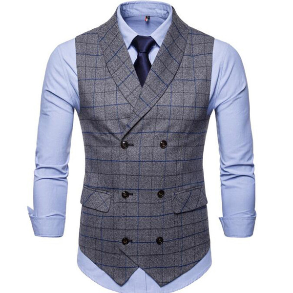 New Plaid Suit Vest Men Slim Fit Double Breasted Vest Waistcoat Mens Business Wedding Tuxedo Gilet Homme