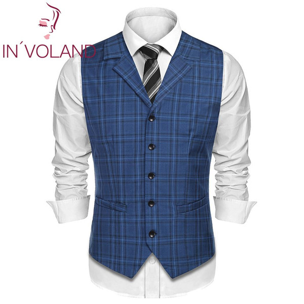 Men Fashion Turn Down Collar Sleeveless Winter, Spring, Autumn Pocket Plaid Business Vest Casual,