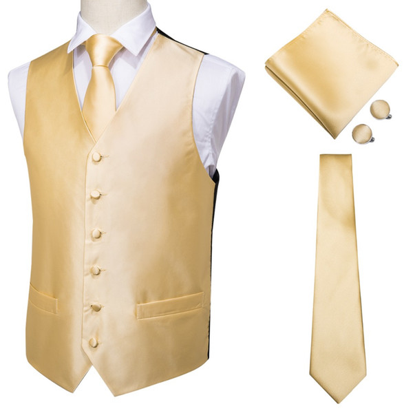 Hi-Tie Men's Classic Solid Gold Silk Jacquard Waistcoat Vest Handkerchief Cufflinks Party Wedding Tie Vest Suit Set MJ-0002