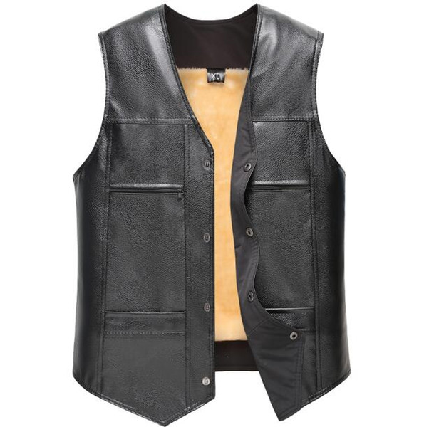 Autumn and winter men's PU leather vest Male faux fur lining waistcoat quinquagenarian black leather vest TB422