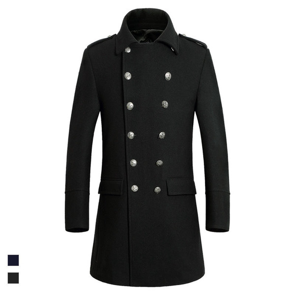 Hot autumn and winter long wool coat men's fashion lapel collar wool blend double-breasted pea jacket men's coat XD534