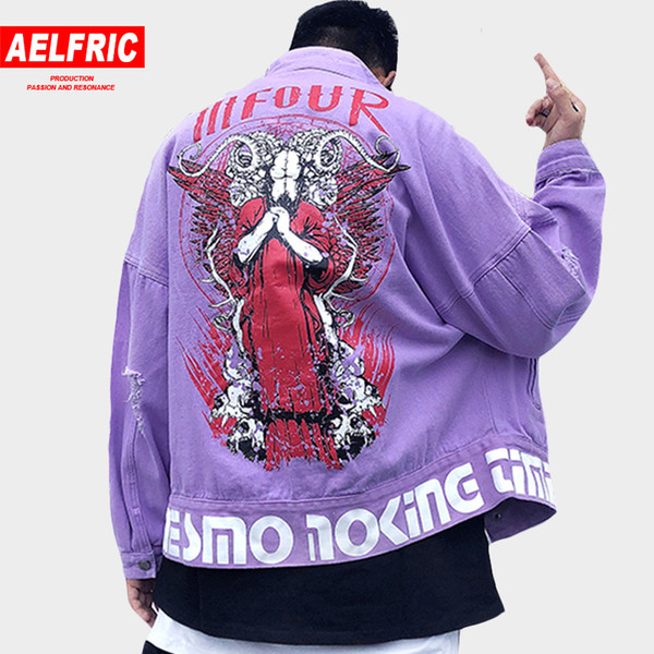 AELFRIC 2018 Autumn Devil Printed Denim Jean Tactical Jacket Punk Ripped Jackets Coats Men Hip Hop Casual Distressed Jeans AP32