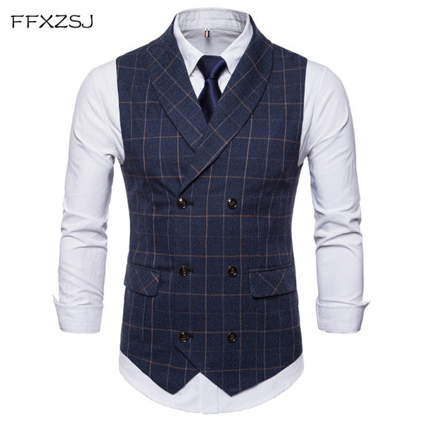 FFXZSJ Men Suit Vest 2018 Double Breasted Waistcoat Slim Fit Gilet Men Business Wedding Colete Masculino Social Blazer Plus Size