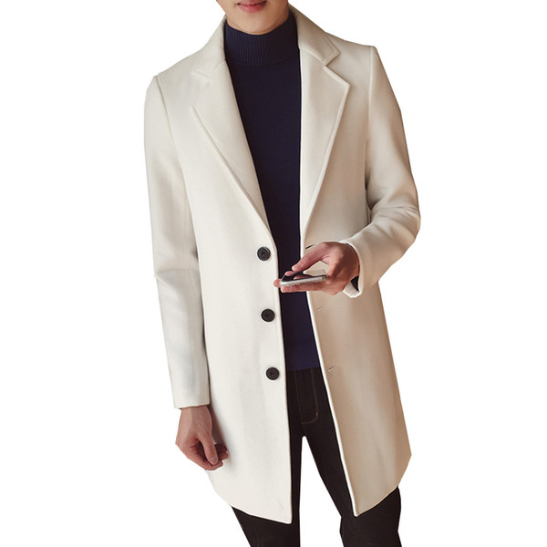 Winter Fashion Men's Solid Color Single Breasted Trench Coat / Male Casual Slim Long Woolen Cloth Coat Large Size