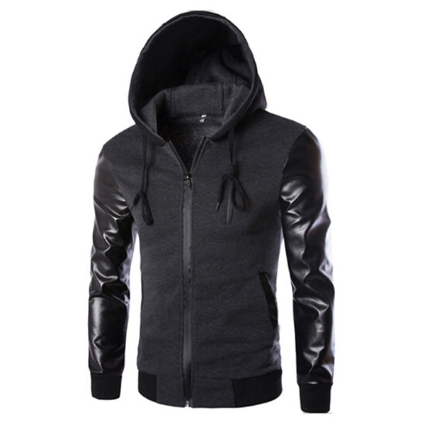 High Quality Men Hooded Jacket And Coat Men Zipper Coat Hoody Sportswear Autumn Casual PU Leather Sleeve Slim Outerwear