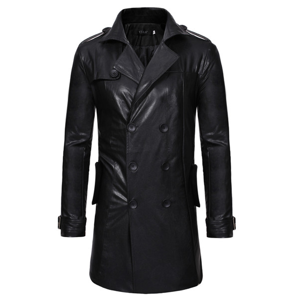 Leather Jaket Men New Fashion Popular Black Medium Length Spring Jackets Mens Casual Double-breasted Motorcycle Coat