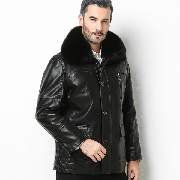 Faux Leather Jacket Men Coats Winter High Quality PU Outerwear Fox Fur Collar Masculino Jaqueta Men Casual Jacket Male BROWN