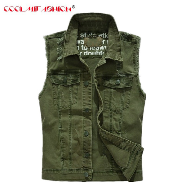 Luxury Men's Denim Vest Fashion Slim Fit Sleeveless Green Vests Casual Hole Cowboy Waistcoat chalecos para hombre Brand Clothing