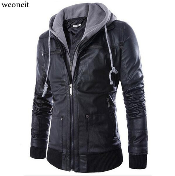 Weoneit Size M-4XL Hat Detachable Men Motorcycle Black PU Faux Leather Coat Hooded Slim Fit Jackets Men's Jackets Coats