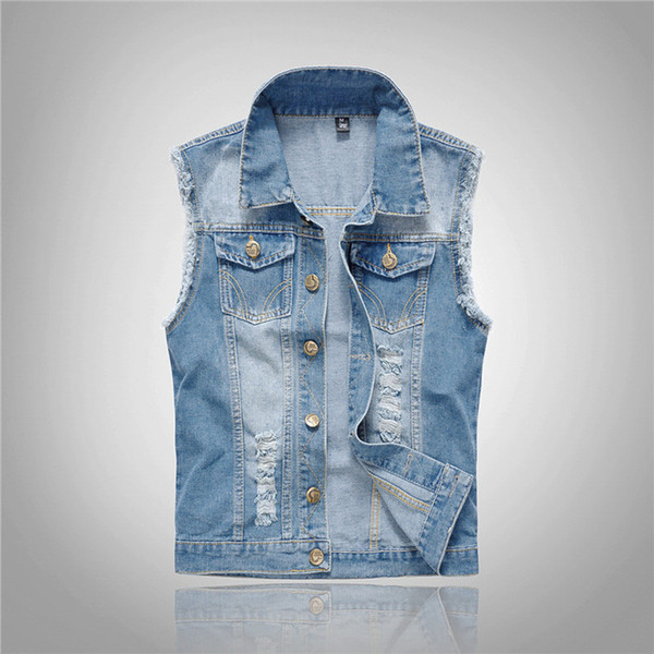 Men's Korean version Self-cultivation cowboy Vest Light blue Large size cowboy Horse clips Shoulder Holes vest XXXXXL