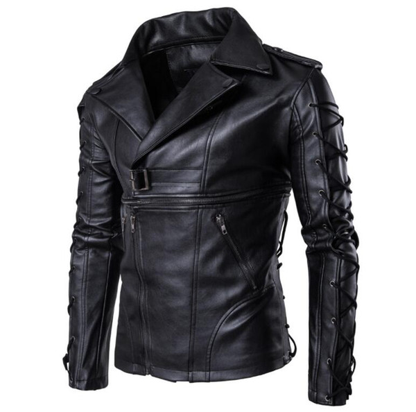 M-5XL Black Men PU Leather Jacket Stand Collar Knitting Drawstring Motorcycle Clothing Coat Outwear 2 Colors