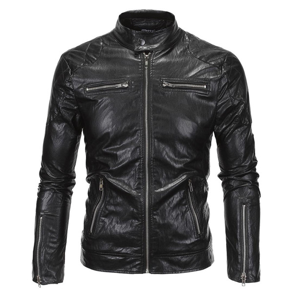 2019 New Men's Jacket motorcycle leather jacket personality casual slim Stand collar leather plus size singer costumes