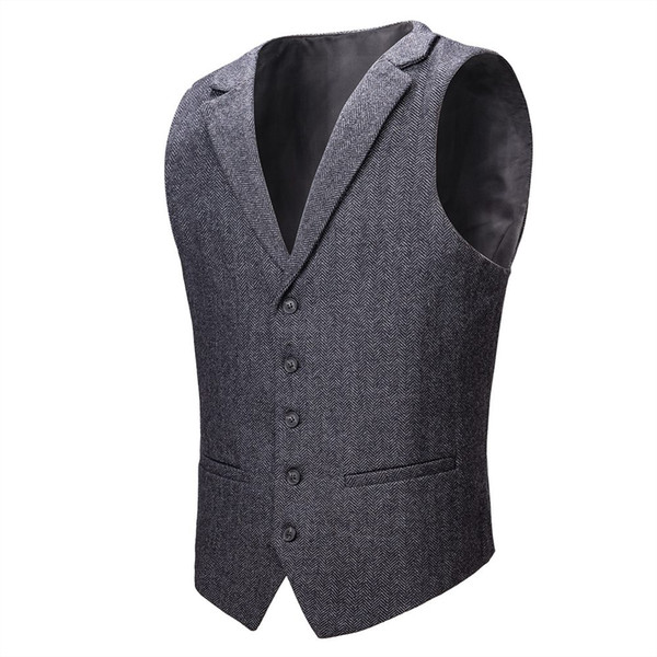 VOBOOM Wool Blend Tweed Herringbone Vest Coat Men Gray Single-Breasted Notched Lapel Waistcoat 018