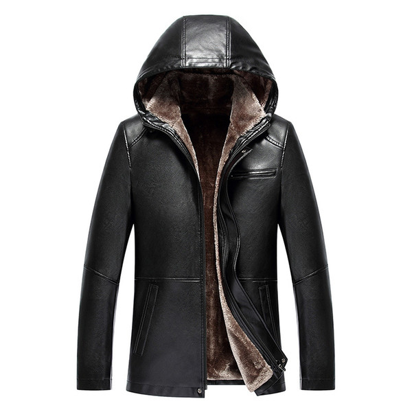 Men's Fur Leather Jackets Winter Coats Hooded Thicken Warm Outerwear Overcoat Snow Tops Windbreaker Waterproof M-4XL