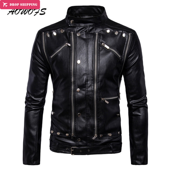 AOWOFS Luxury Leather Jackets Men Multi Zippers Rivets Punk Leather Motorcycle Jackets Mandarin Collar 2017 Fashion Clothing 5XL