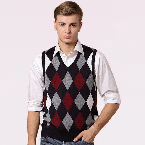 Designer Sweater Pullover Knit Vest for Men Sleeveless Wool Stylish Fashion Casual V Neck Basic Red Blue Checkered 2018 0827