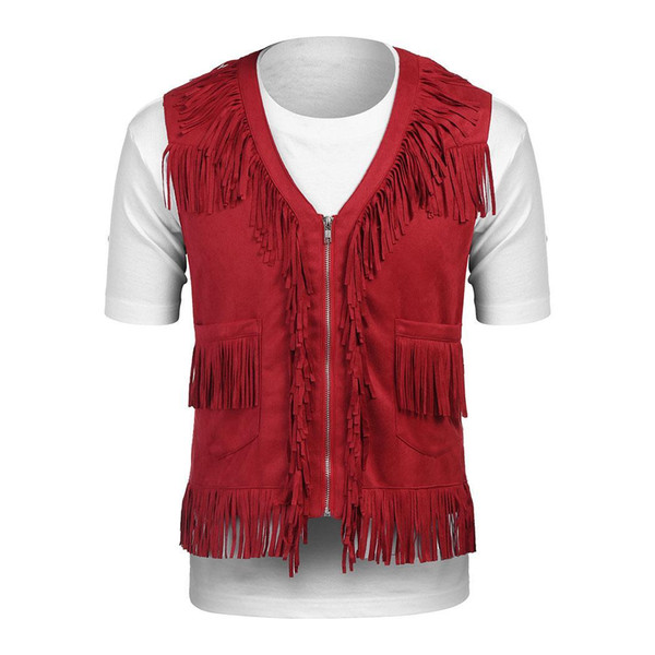 Men Fashion V Neck Sleeveless Western Casual Winter, Spring, Autumn Tassel Vest Zipper Pocket, Solid