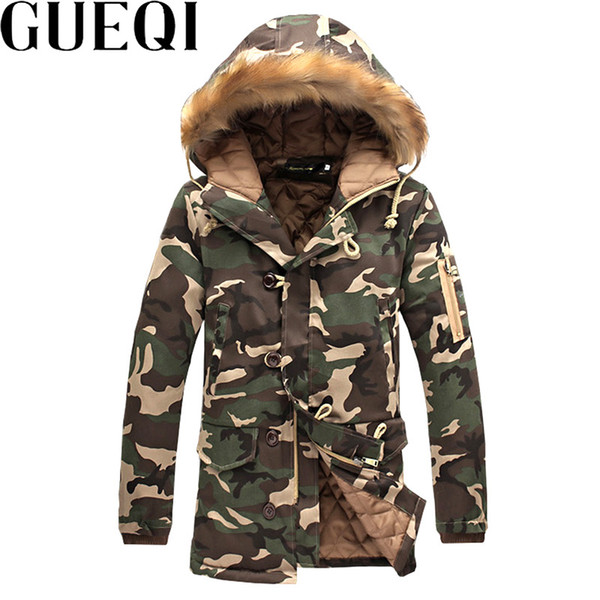 GUEQI Cotton Padded Men Warm Hooded Parkas BIG SIZE 5XL Fur Hooded Camouflage Printed Man Winter Long Jackets