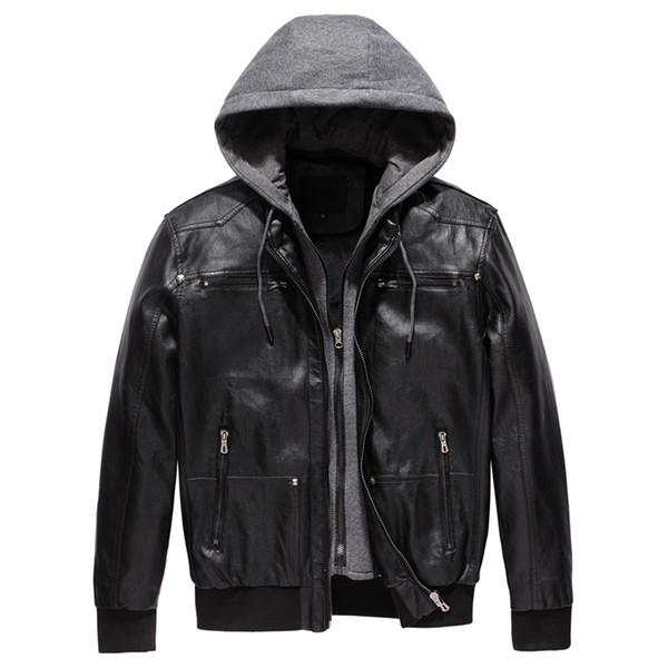 Leather Hooded Jacket Men Motorcycle Jacket Detachable Hood Zipper Coat PU Faux Leather Men