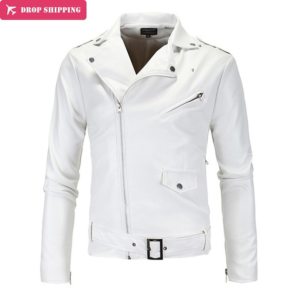 2017 New Style Motorcycle Leather Jacket Men Brand Fashion Hem Belt PU White Leather Jacket Men Outwear Coat