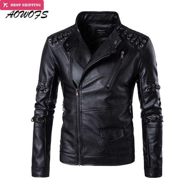 Wholesale- AOWOFS Leather Jackets Men Spring New Criss Cross Strings Punk Leather Jackets Plus Size 5XL Vintage Motorcycle Jackets Coats