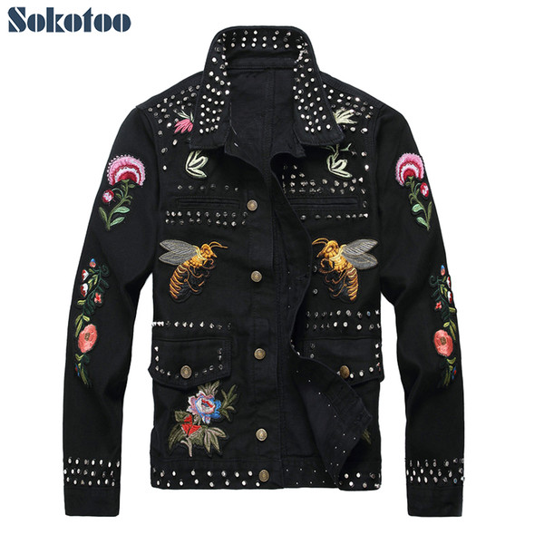 Sokotoo Men's fashion rivet flower bees embroidery black jacket Long sleeve slim denim coat Embroidered outerwear