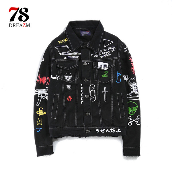 Patchwork jeans jacket Long Sleeve Mens Hip Hop Printed Pocket Casual Shirts Fashion Streetwear