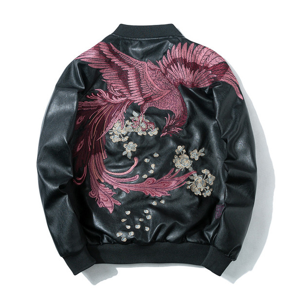 Japanese Bomber Mens Pattern Sukajan Souvenir Vermilion Bird Embroidered Jacket PU Leather 4Colors