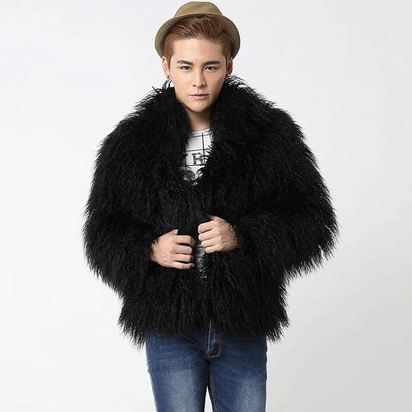 Wholesale- 2016 New winter men's faux fox fur coat, High-end men's jackets, Black long-hair men coats warm plus thick velvet overcoats