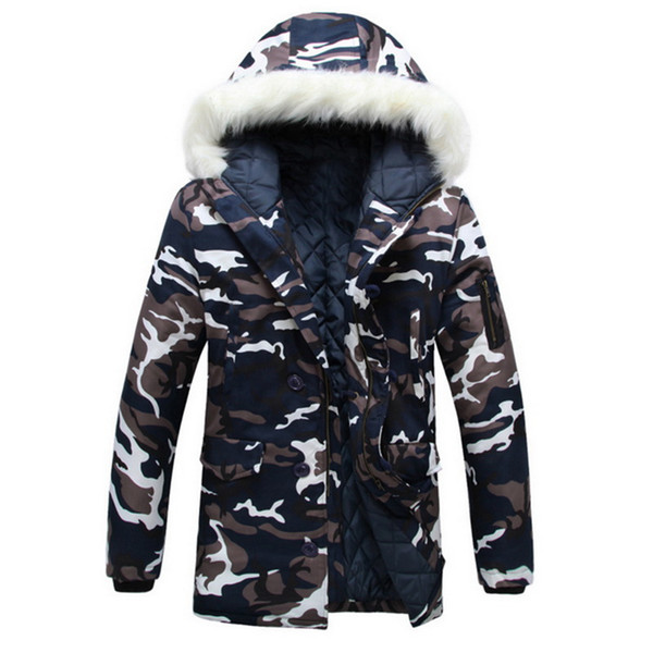 Puimentiua Men Fashion Camouflage Thick Jacket Medium-long Hooded Winter Warm Unisex Coat Zipper Faux Fur Collar Couple Parkas