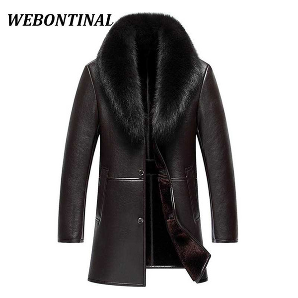 Wholesale- WEBONTINAL Winter Leather Jacket Men Coat Male Top Quality Real Fox Fur collar Warm Thick Faux Windbreaker Men Thick Velvet