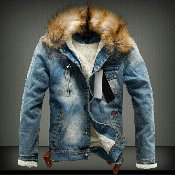 New 2018 Fur collar Men Casual Denim Jacket Winter Men Parkas Casual Denim Jacket Thick